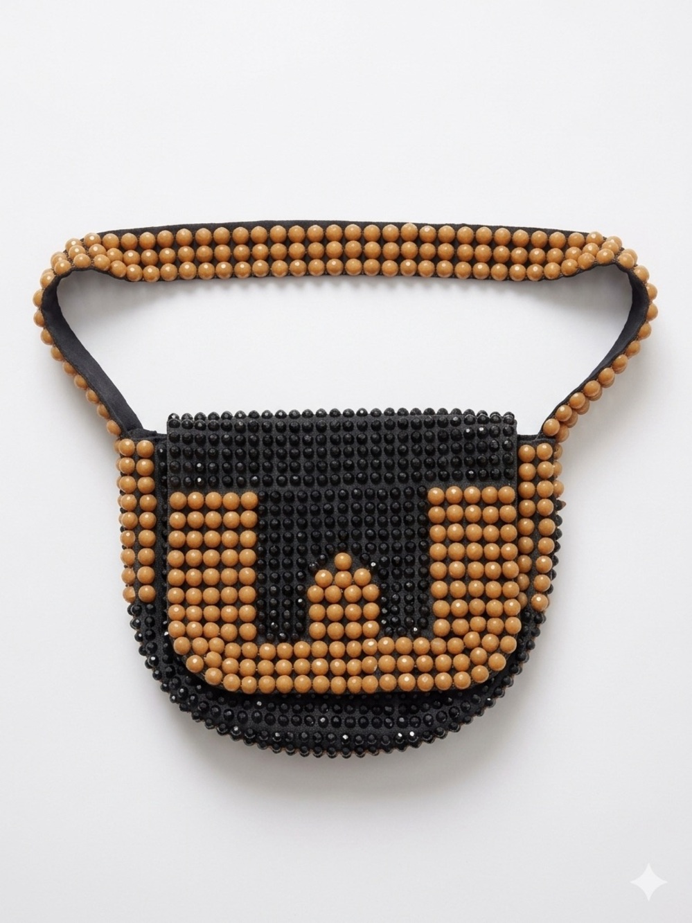 Vintage Beaded Crossbody Phone Case in Black and Tan